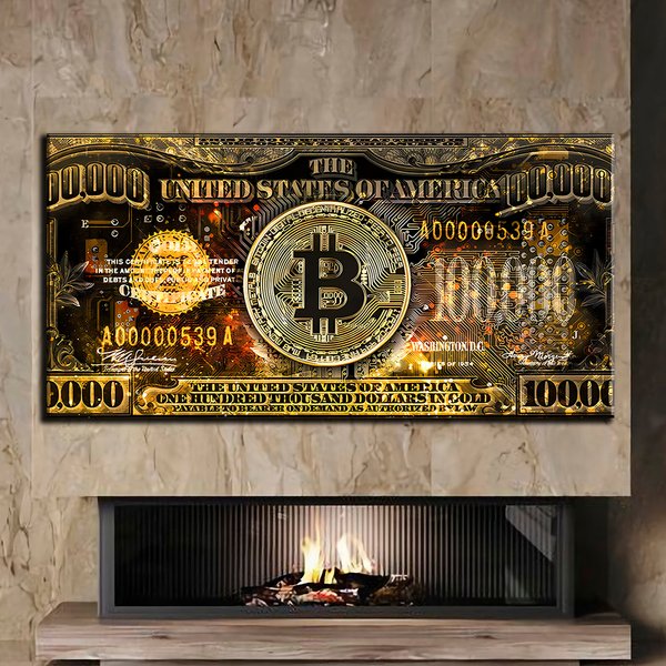 Картина в офіс - Bitcoin golden money - 30х60 см