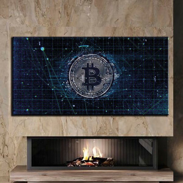 Картина для інтер'єру в офіс - Синій Bitcoin - 30х60 см